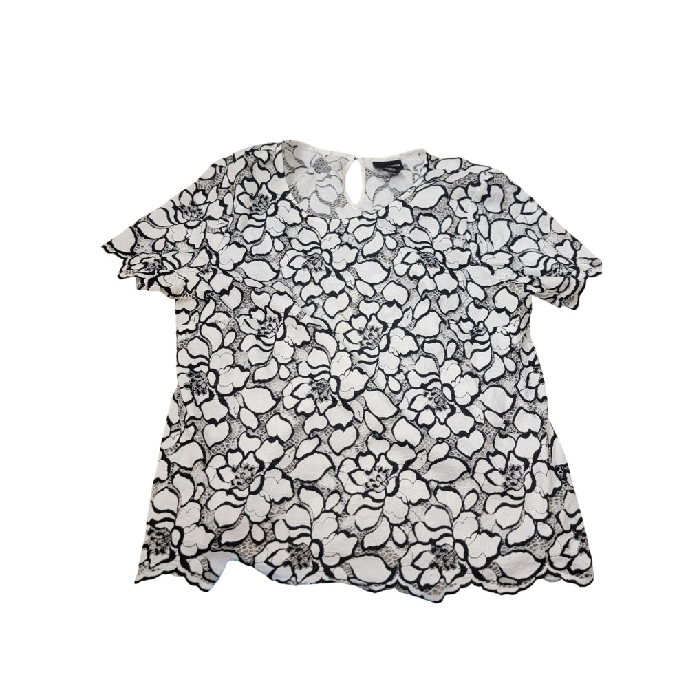 Liz Claiborne Career Women Black White Floral Lace Short Sleeve Blouse Large